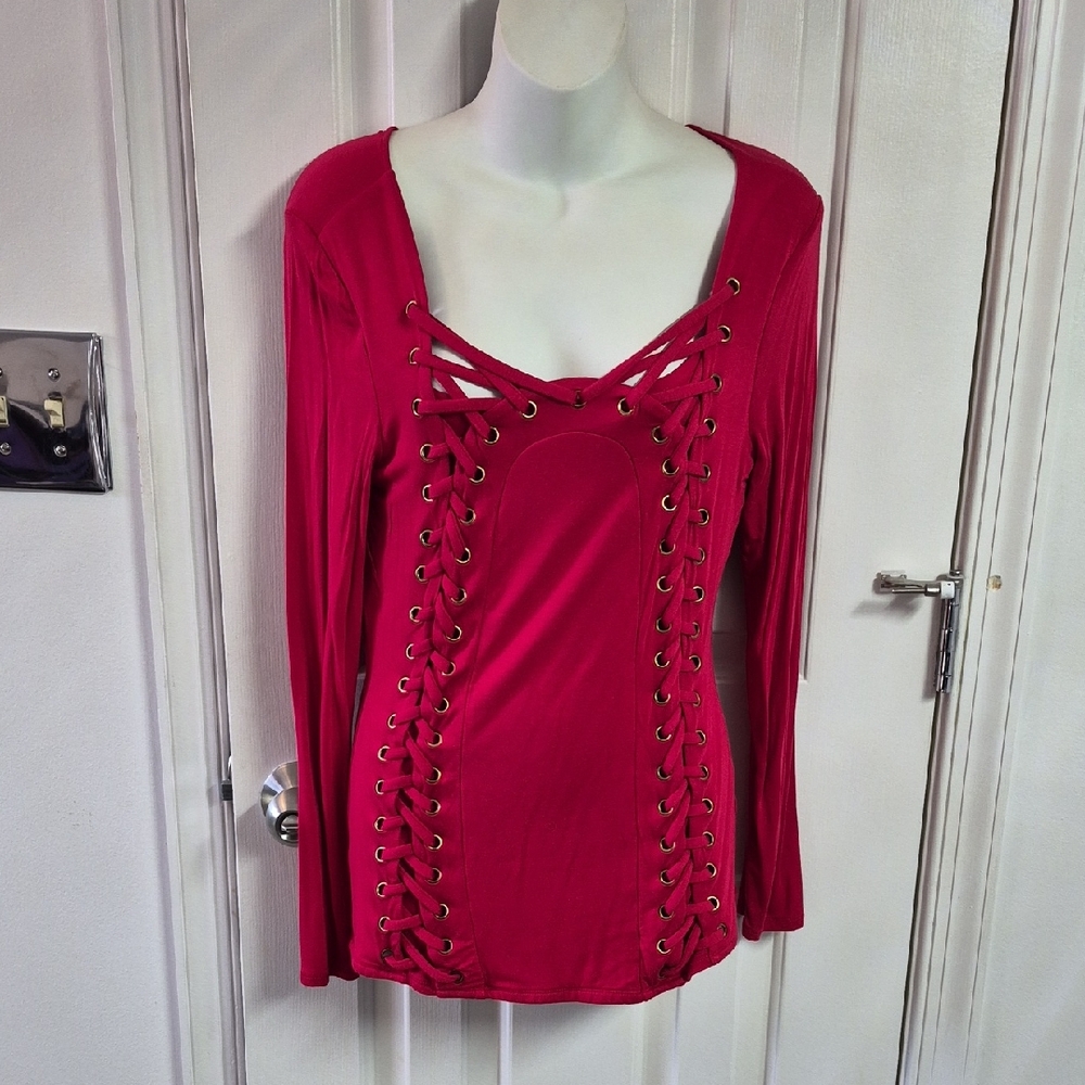 VENUS Red Lace-Up Long Sleeve Scoop Neck Top